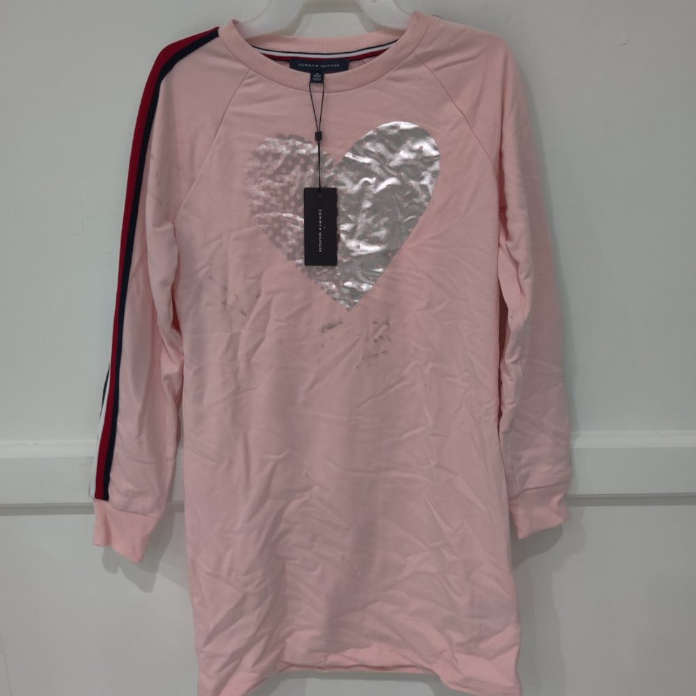 SOILED Tommy Hilfiger Pink Women's Dot Heart Sweatshirt Dress Size XS $80 A444
